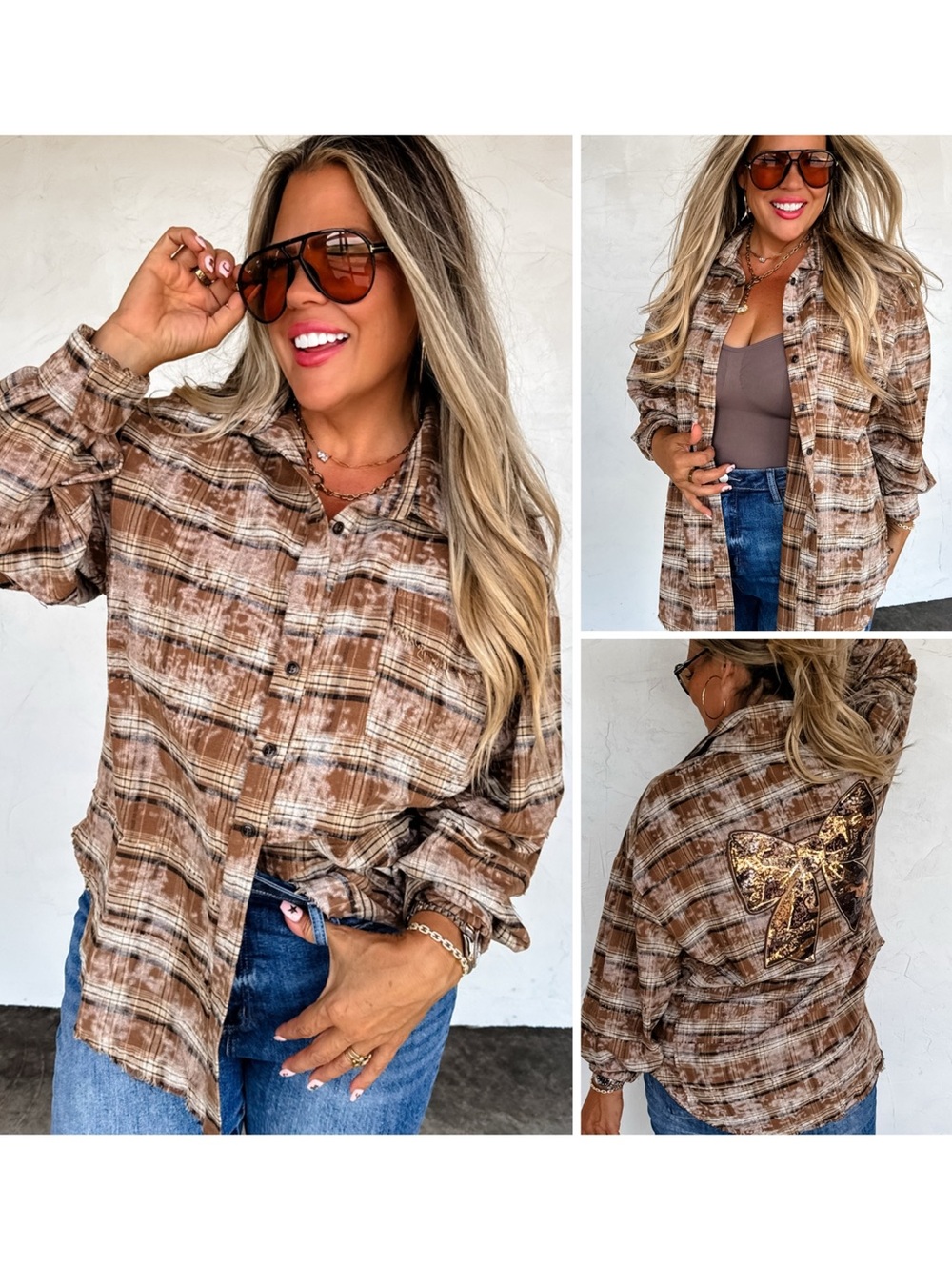 Brown Faded Plaid Button-Up Shirt with Camo Bow Accent